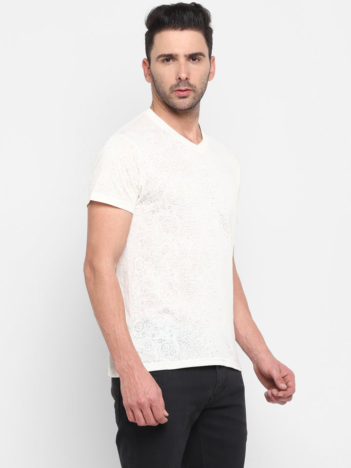 V-Neck T-Shirt for Men Burntout Fabric - Off White