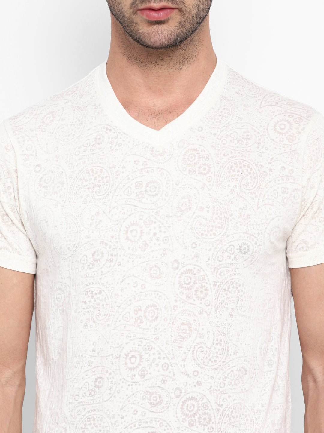 V-Neck T-Shirt for Men Burntout Fabric - Off White