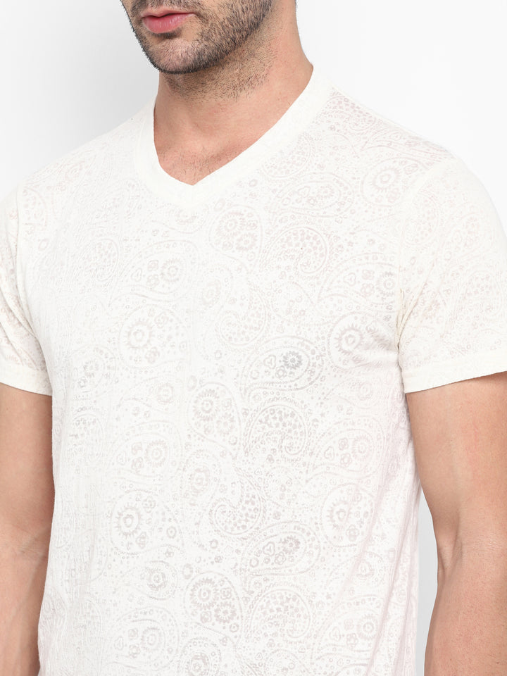 V-Neck T-Shirt for Men Burntout Fabric - Off White