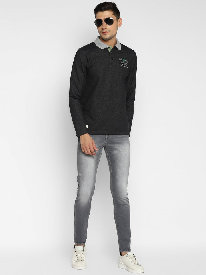 Men's Polo Collar Full Sleeves T-Shirt - Charcoal