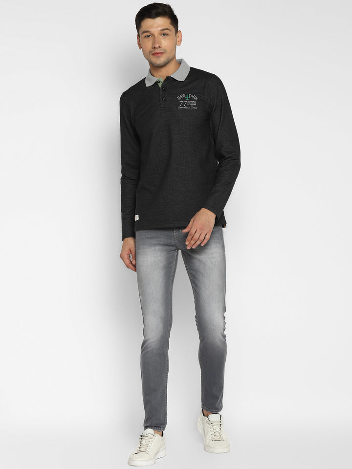 Men's Polo Collar Full Sleeves T-Shirt - Charcoal