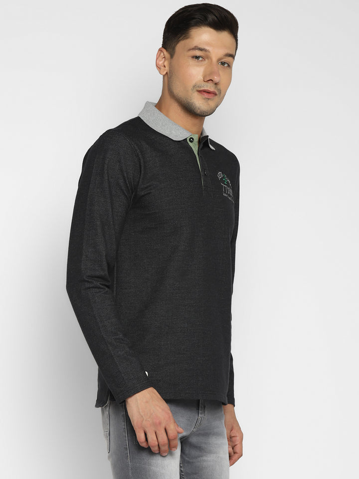 Men's Polo Collar Full Sleeves T-Shirt - Charcoal