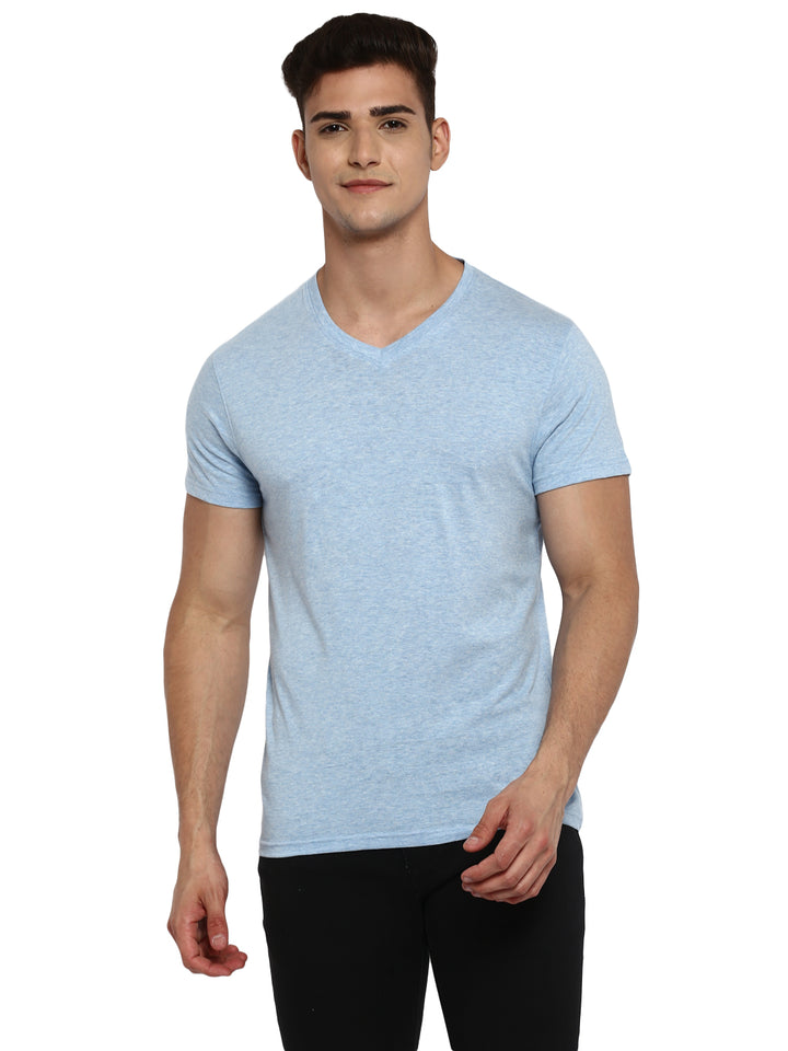 100% Cotton V-Neck T-Shirt for Men -Sky Blue Slub (NO EXCHANGE NO RETURN)