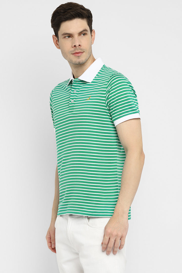 Polo Collar Half Sleeves Striped T-Shirt for Men - Green & White (Clearance - No Exchange No Return)