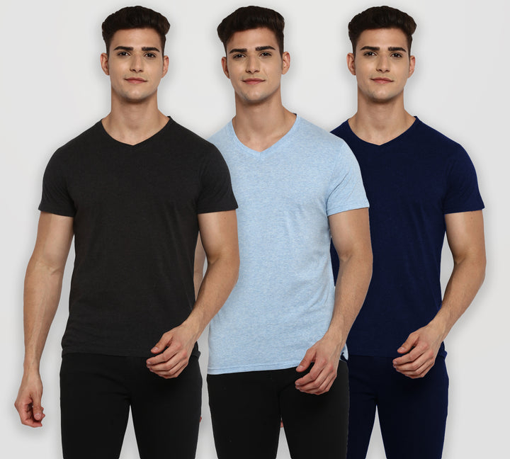 100% Cotton V-Neck Half Sleeves T-Shirt Combo Pack of 3 for Men - Navy, Sky Blue & Charcoal