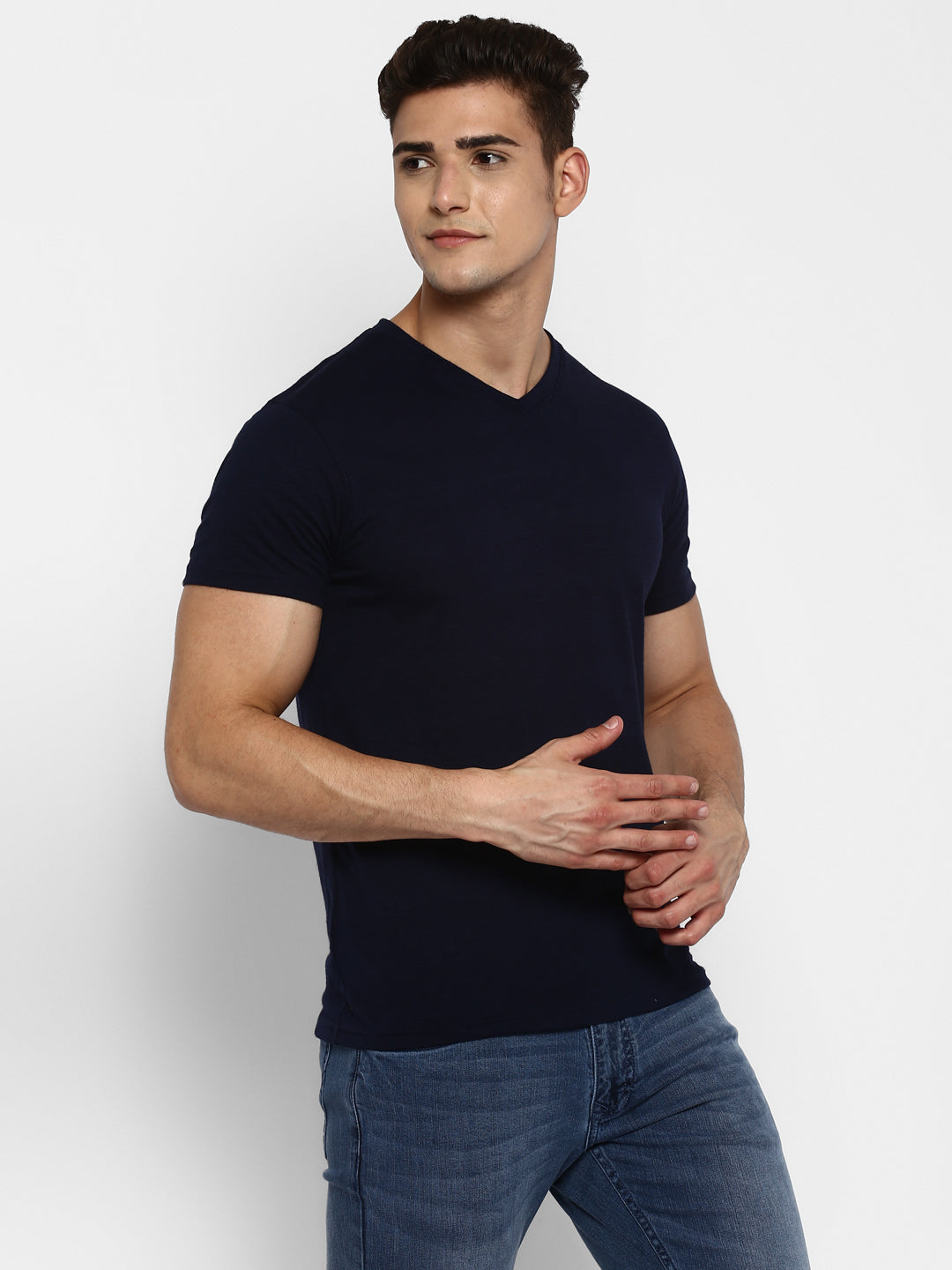 100% Cotton V Neck T-Shirt for Men - Dark Navy (NO EXCHANGE NO RETURN)