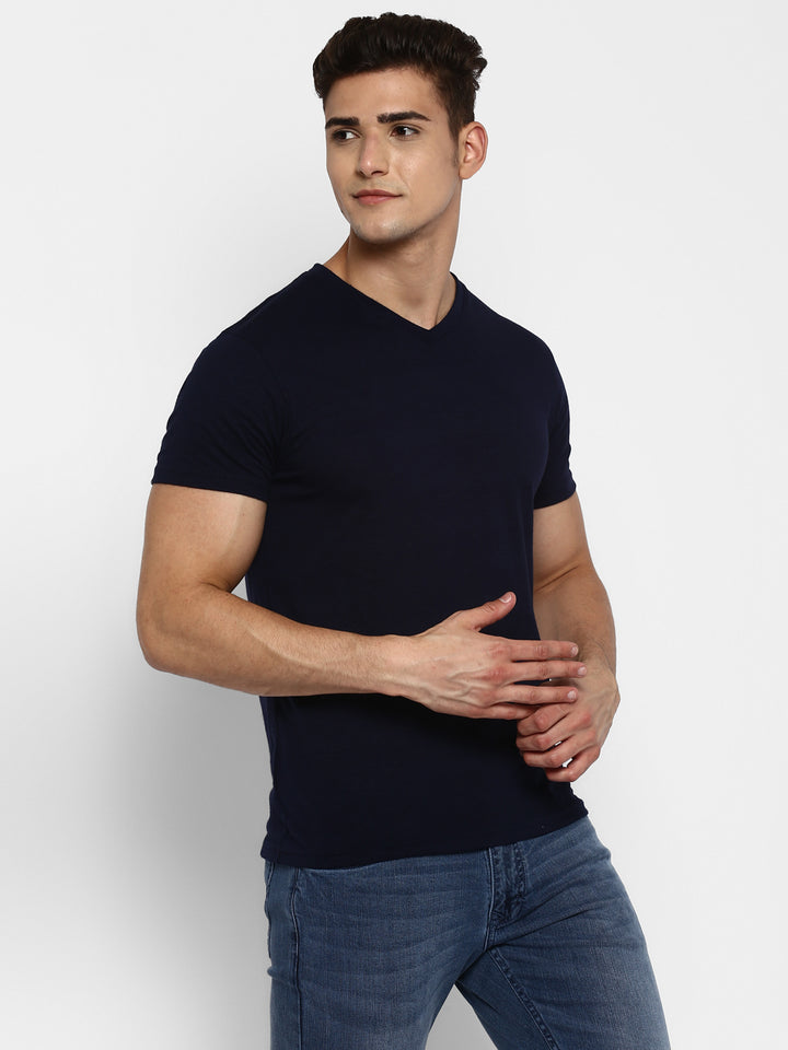 100% Cotton V Neck T-Shirt for Men - Dark Navy (NO EXCHANGE NO RETURN)