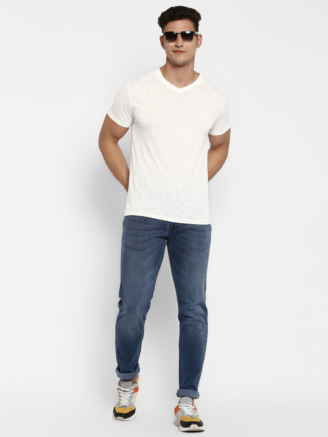 100% Cotton V Neck T-Shirt for Men - Off White (NO EXCHANGE NO RETURN)