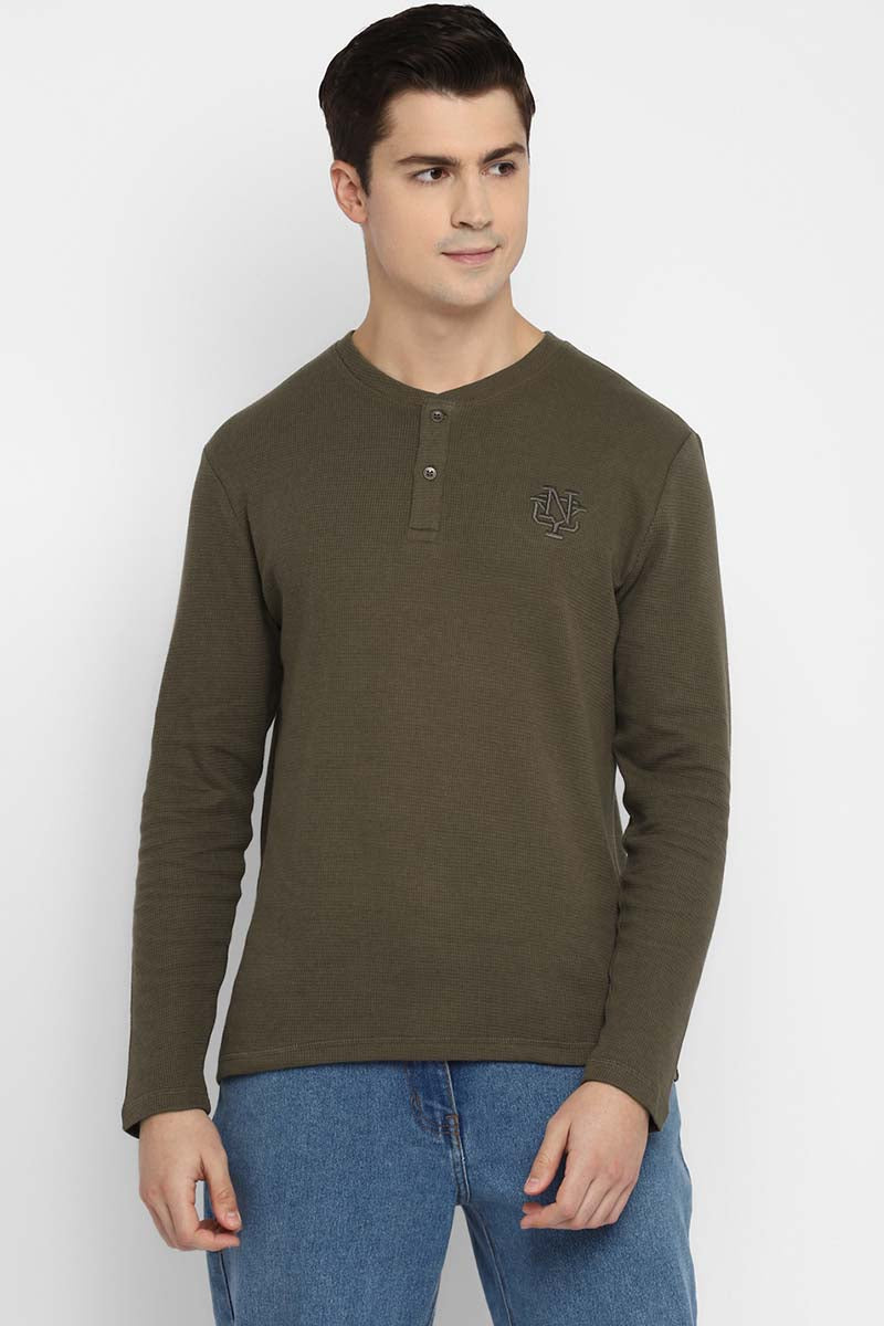 100% Cotton Henley Full Sleeves T-Shirt for Men - Olive
