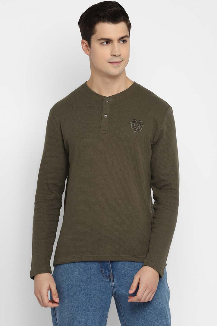 100% Cotton Henley Full Sleeves T-Shirt for Men - Olive