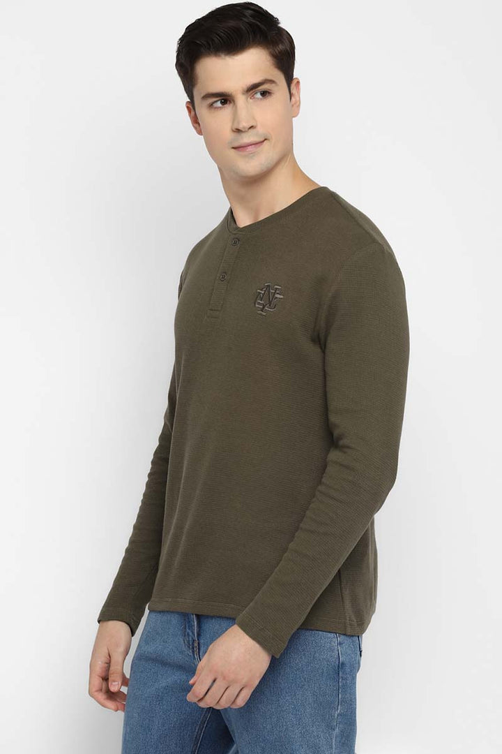 100% Cotton Henley Full Sleeves T-Shirt for Men - Olive
