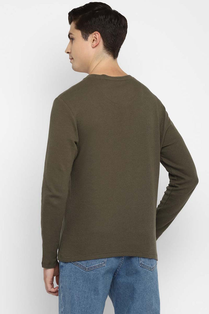 100% Cotton Henley Full Sleeves T-Shirt for Men - Olive