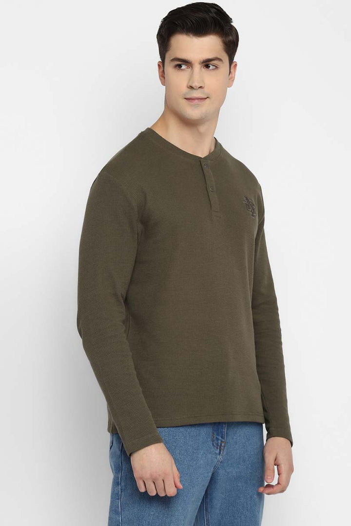 100% Cotton Henley Full Sleeves T-Shirt for Men - Olive