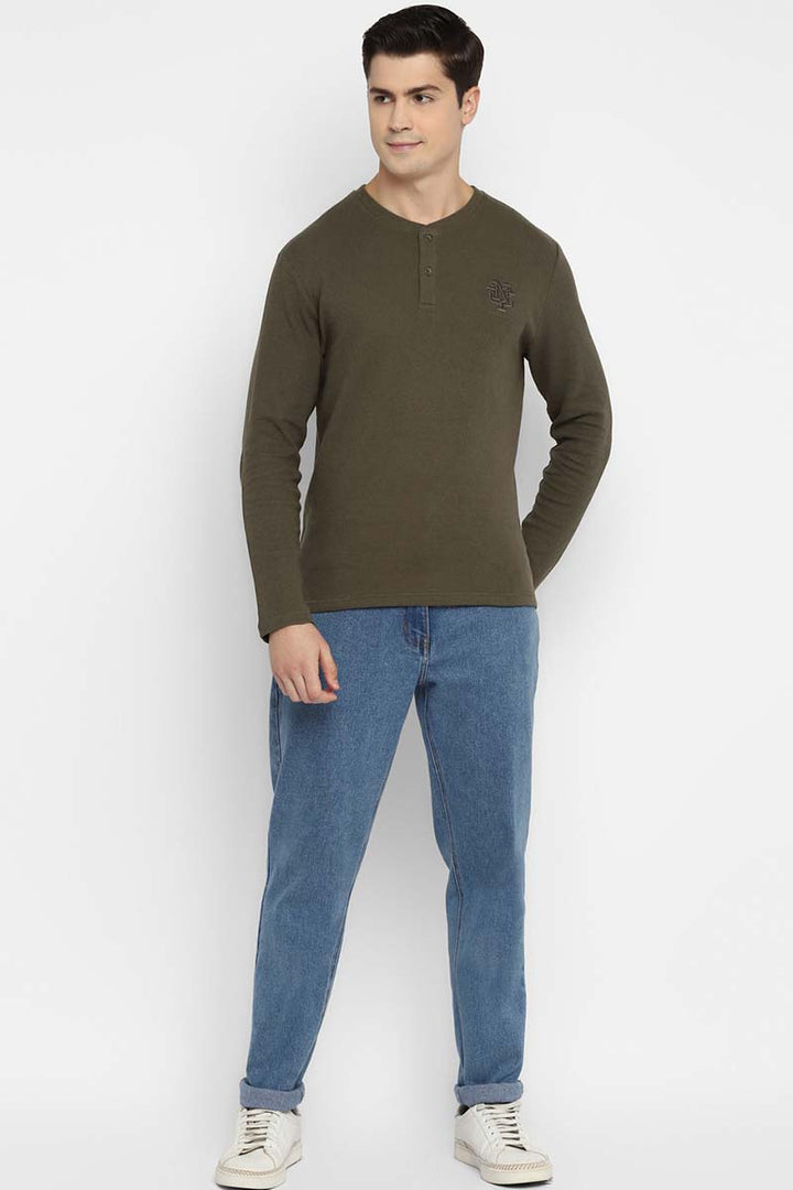 100% Cotton Henley Full Sleeves T-Shirt for Men - Olive