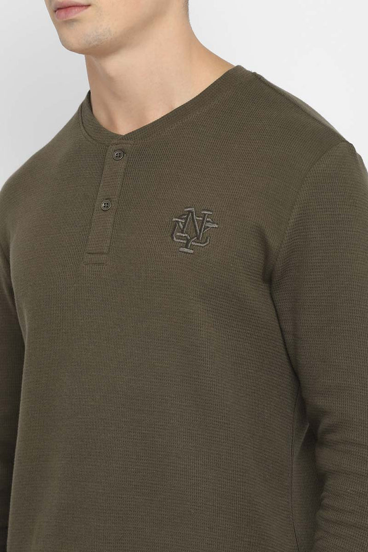 100% Cotton Henley Full Sleeves T-Shirt for Men - Olive