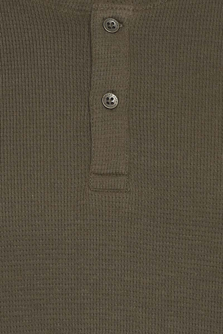 100% Cotton Henley Full Sleeves T-Shirt for Men - Olive