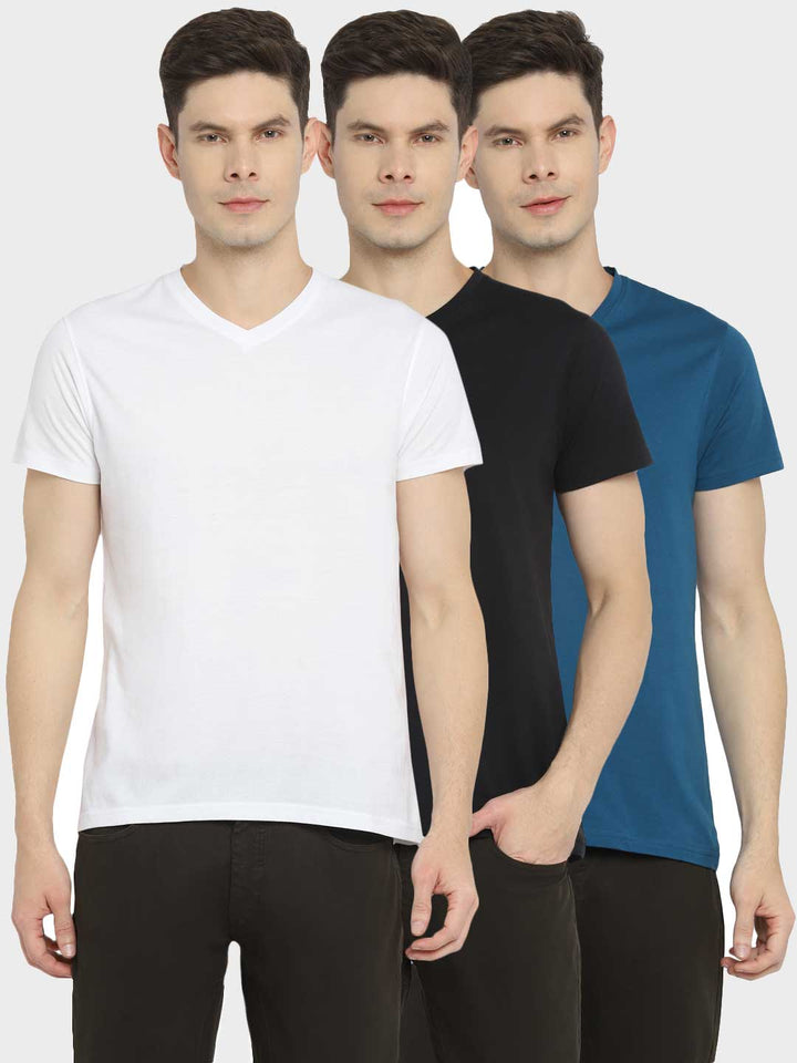V-Neck Half Sleeves T-Shirt Combo Pack of 3 for Men - White, Black & Teal