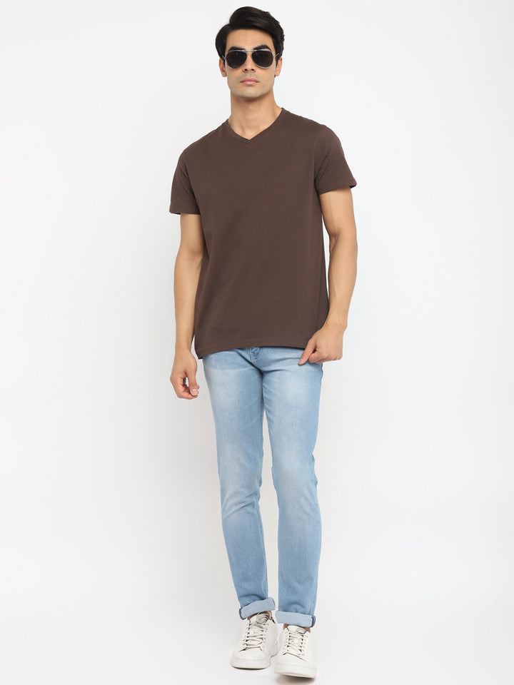 100% Cotton V Neck T-Shirt for Men - Brown (NO EXCHANGE NO RETURN)