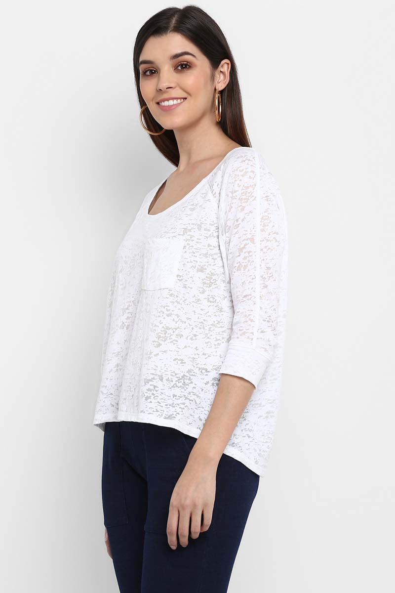 Women's Boat Neck 3/4th Sleeves Top - White