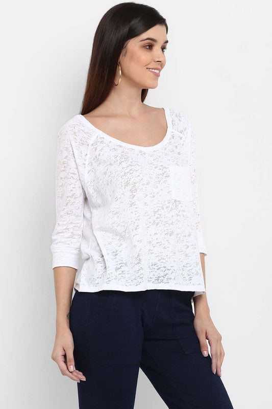 Women's Boat Neck 3/4th Sleeves Top - White