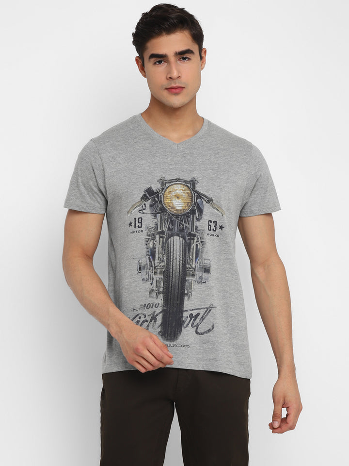 Printed V Neck T-Shirt For Men - Grey Melange