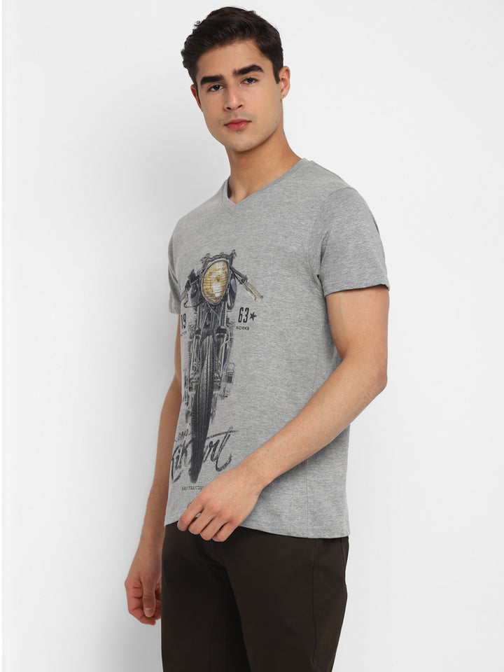 Printed V Neck T-Shirt For Men - Grey Melange