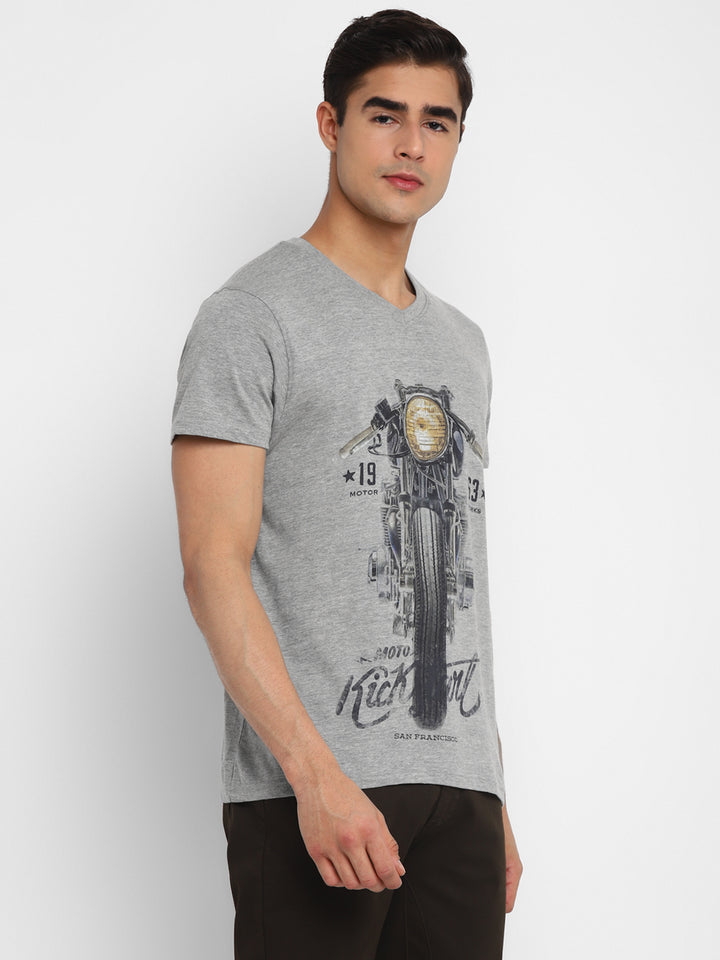 Printed V Neck T-Shirt For Men - Grey Melange