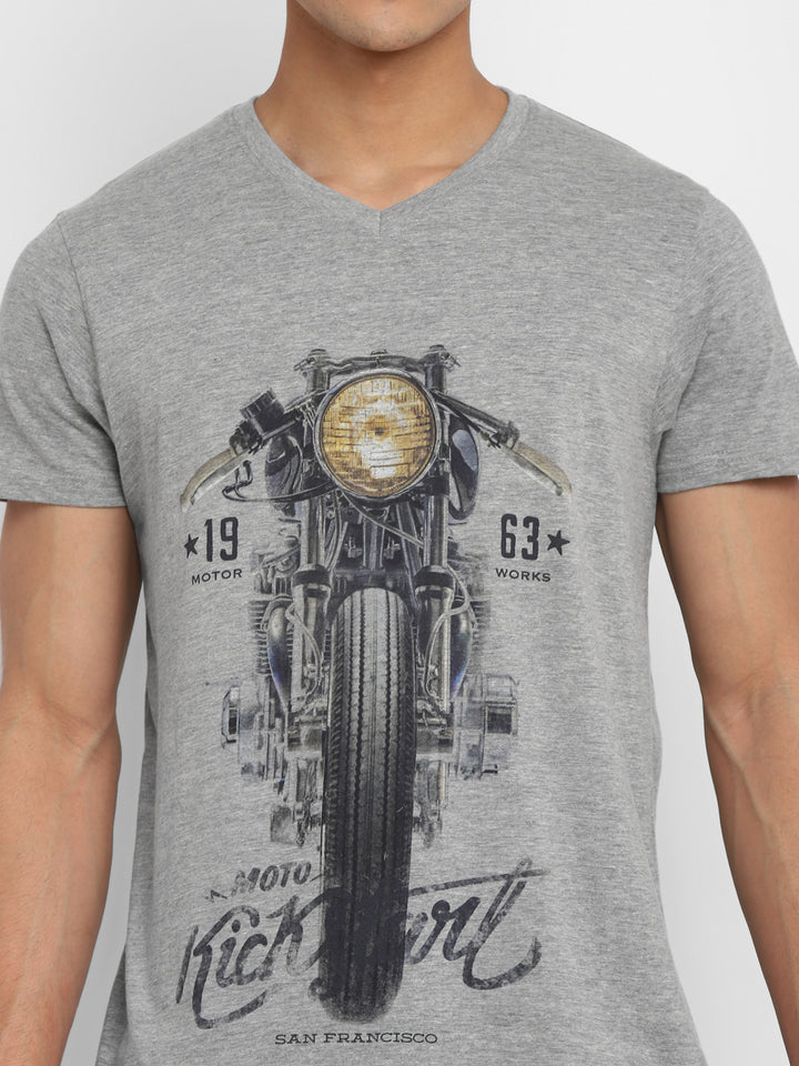 Printed V Neck T-Shirt For Men - Grey Melange