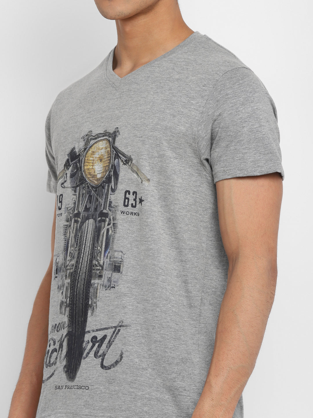 Printed V Neck T-Shirt For Men - Grey Melange