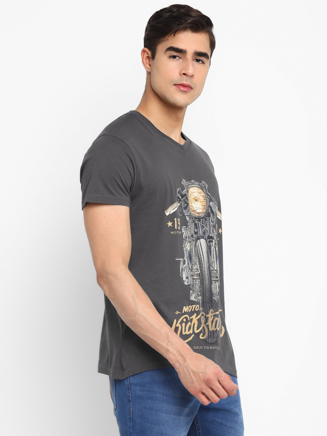 100% Cotton Printed V Neck T-Shirt For Men - Gargoyle Grey