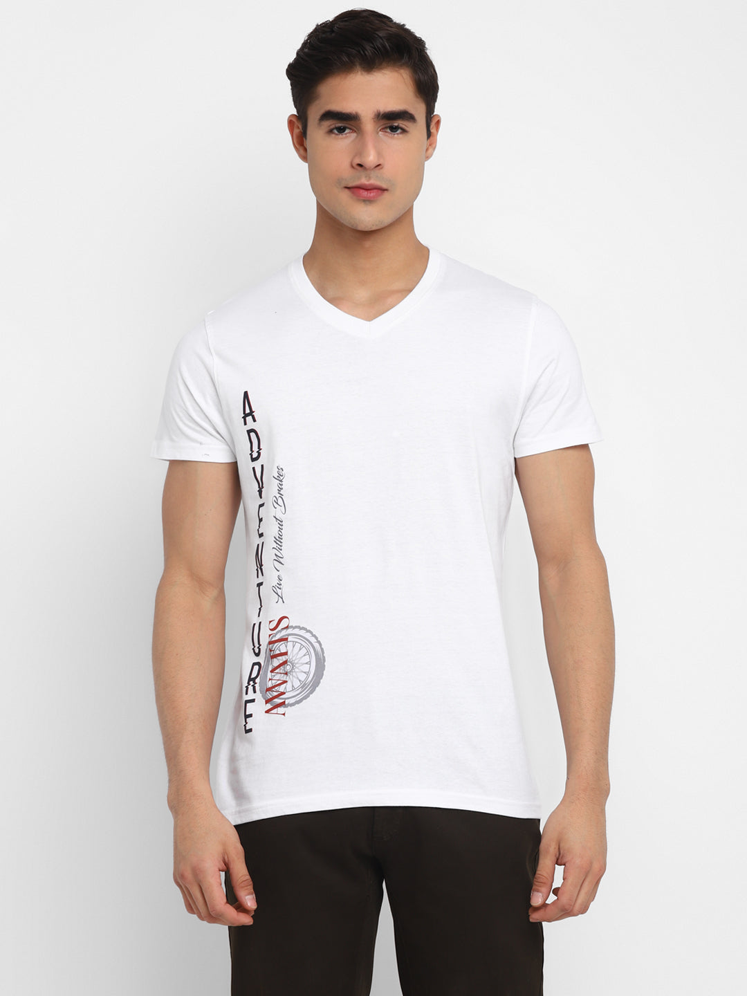 100% Cotton Printed V Neck T-Shirt For Men - White