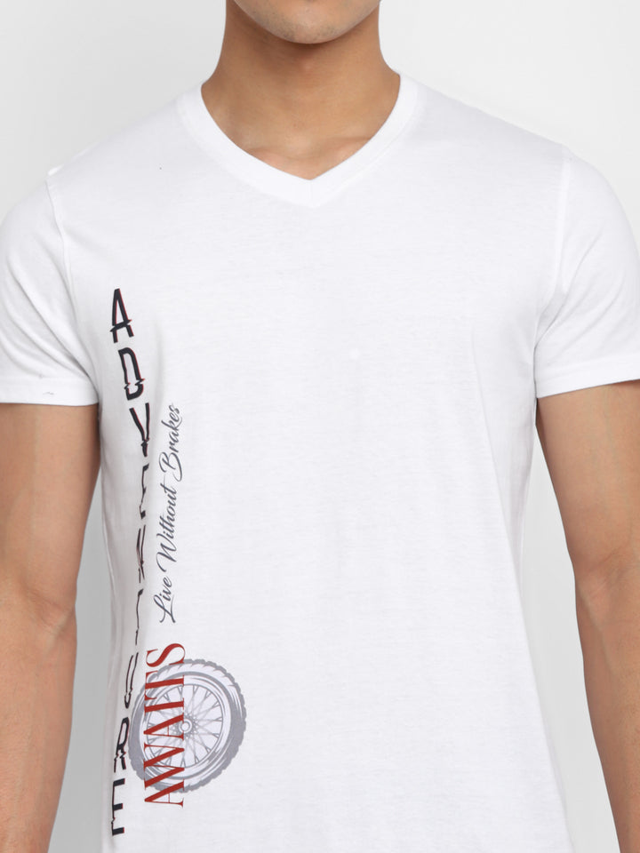 100% Cotton Printed V Neck T-Shirt For Men - White