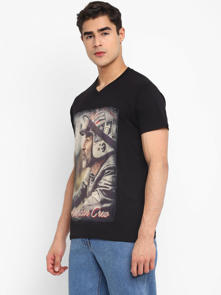 100% Cotton Printed V Neck T-Shirt For Men - Black