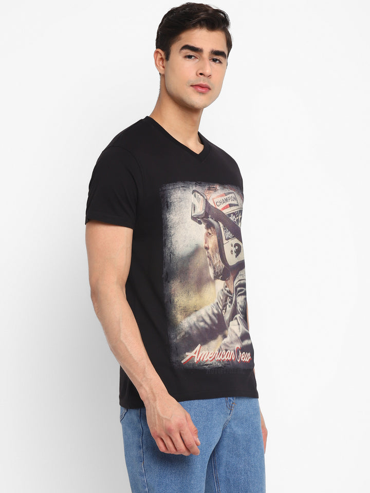 100% Cotton Printed V Neck T-Shirt For Men - Black