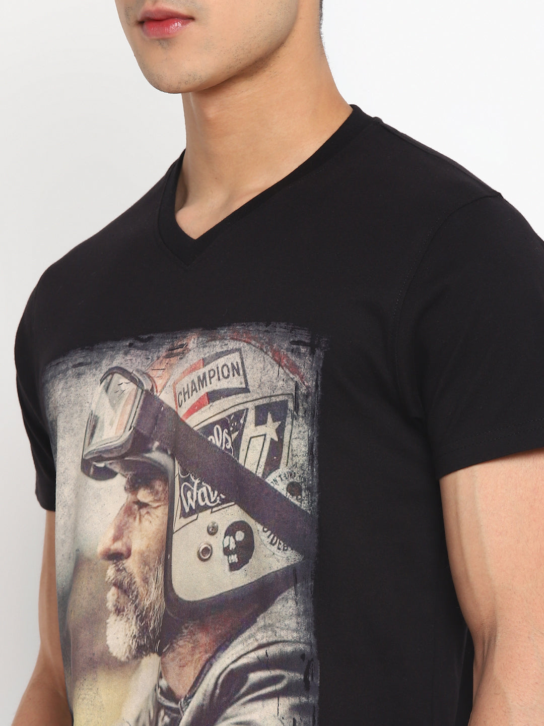 100% Cotton Printed V Neck T-Shirt For Men - Black