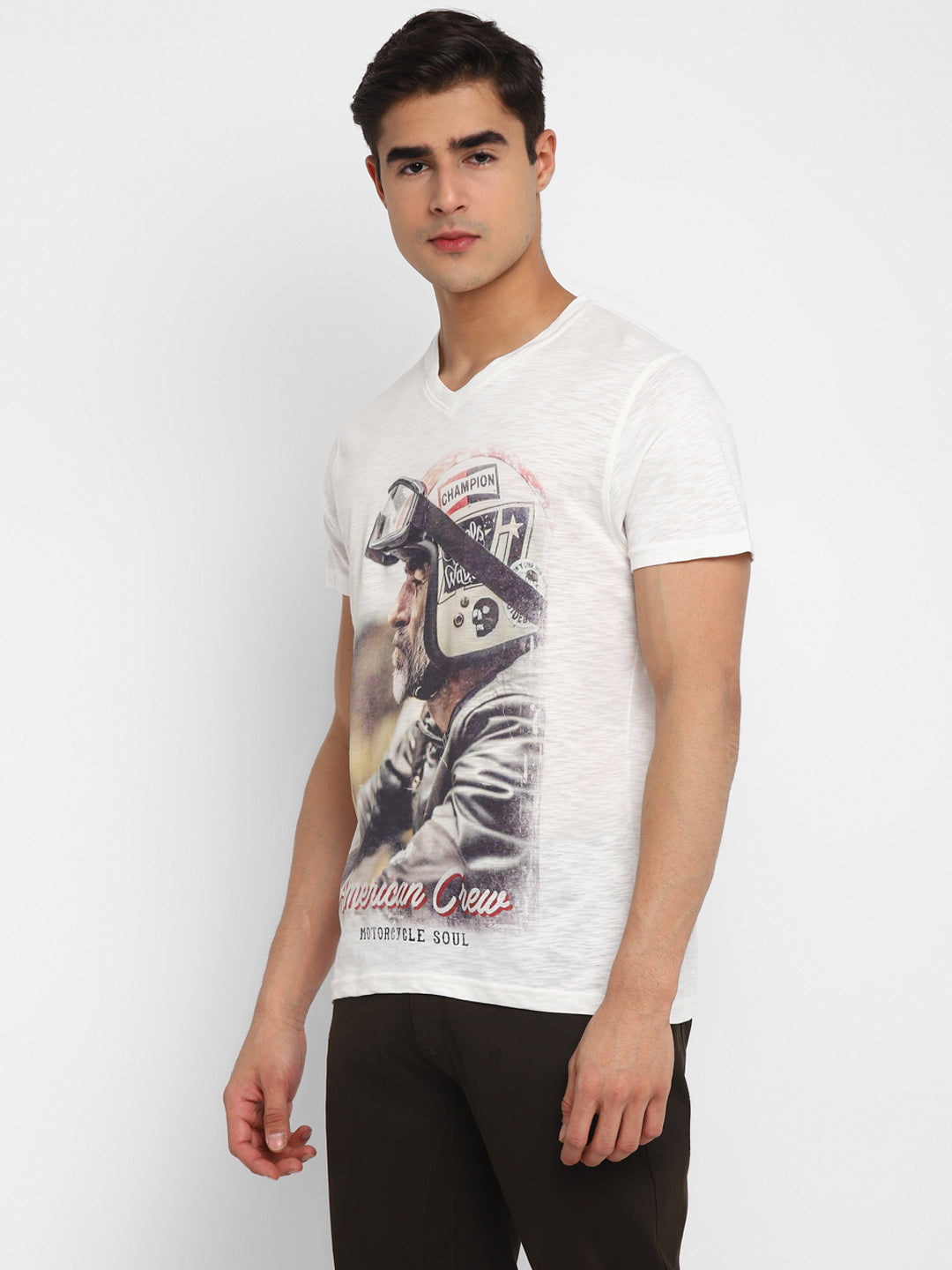 100% Cotton Printed V Neck T-Shirt For Men - White