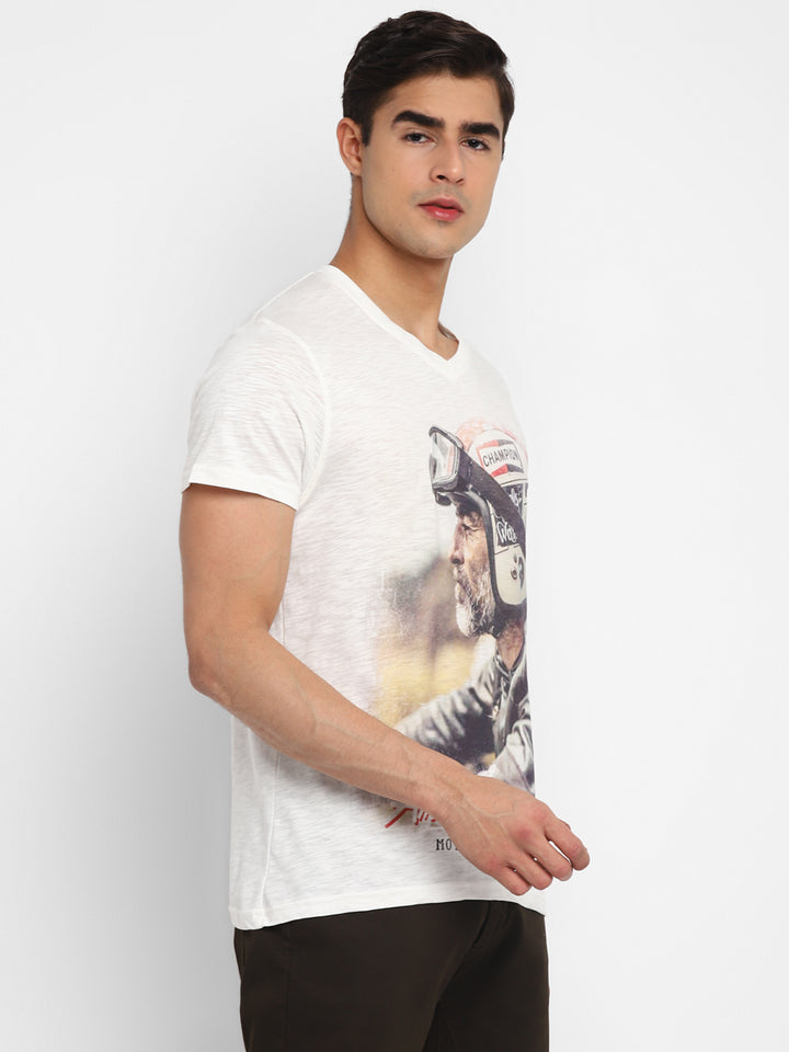 100% Cotton Printed V Neck T-Shirt For Men - White