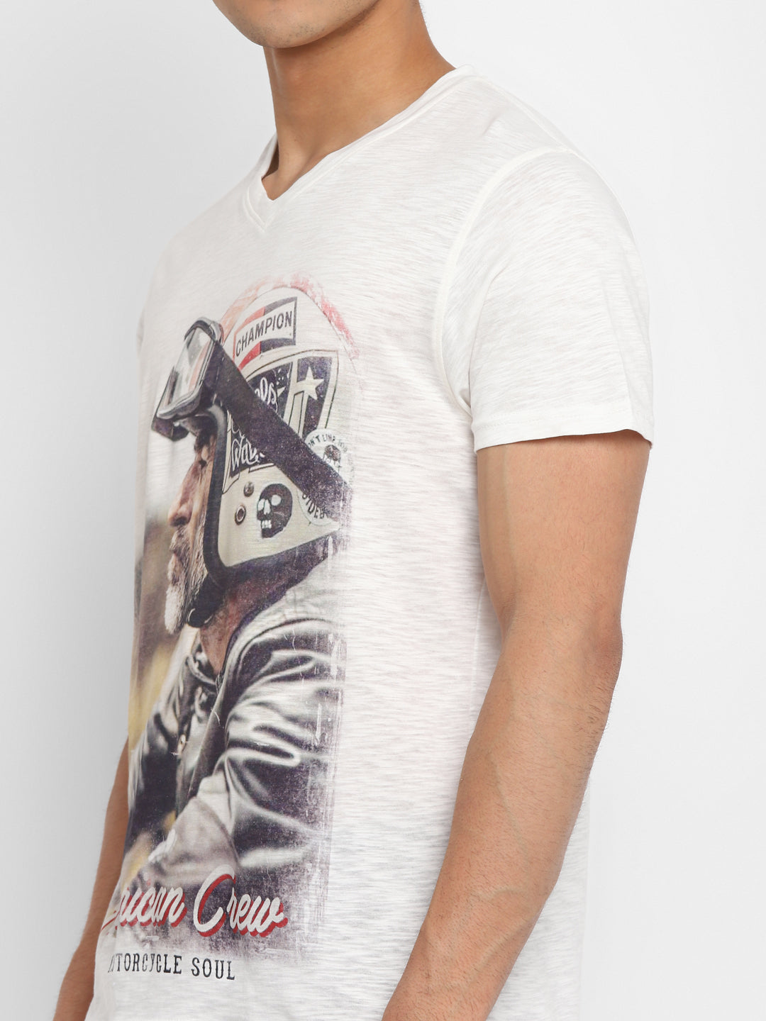 100% Cotton Printed V Neck T-Shirt For Men - White