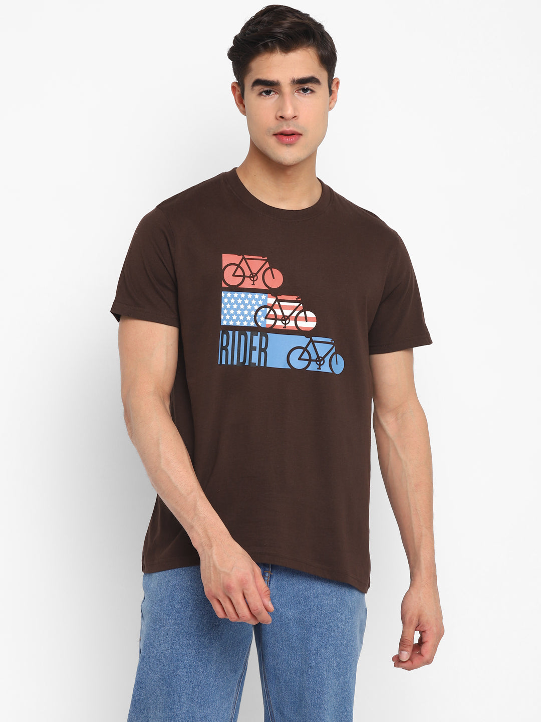 100% Cotton Printed Round Neck T-Shirt For Men - Coffee Brown