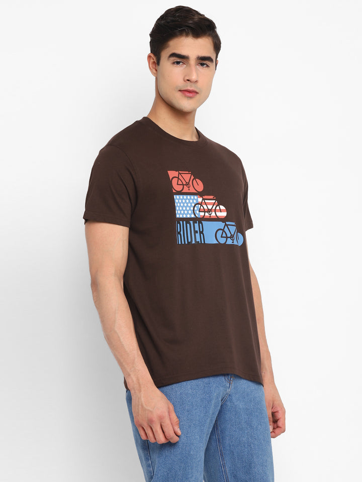 100% Cotton Printed Round Neck T-Shirt For Men - Coffee Brown