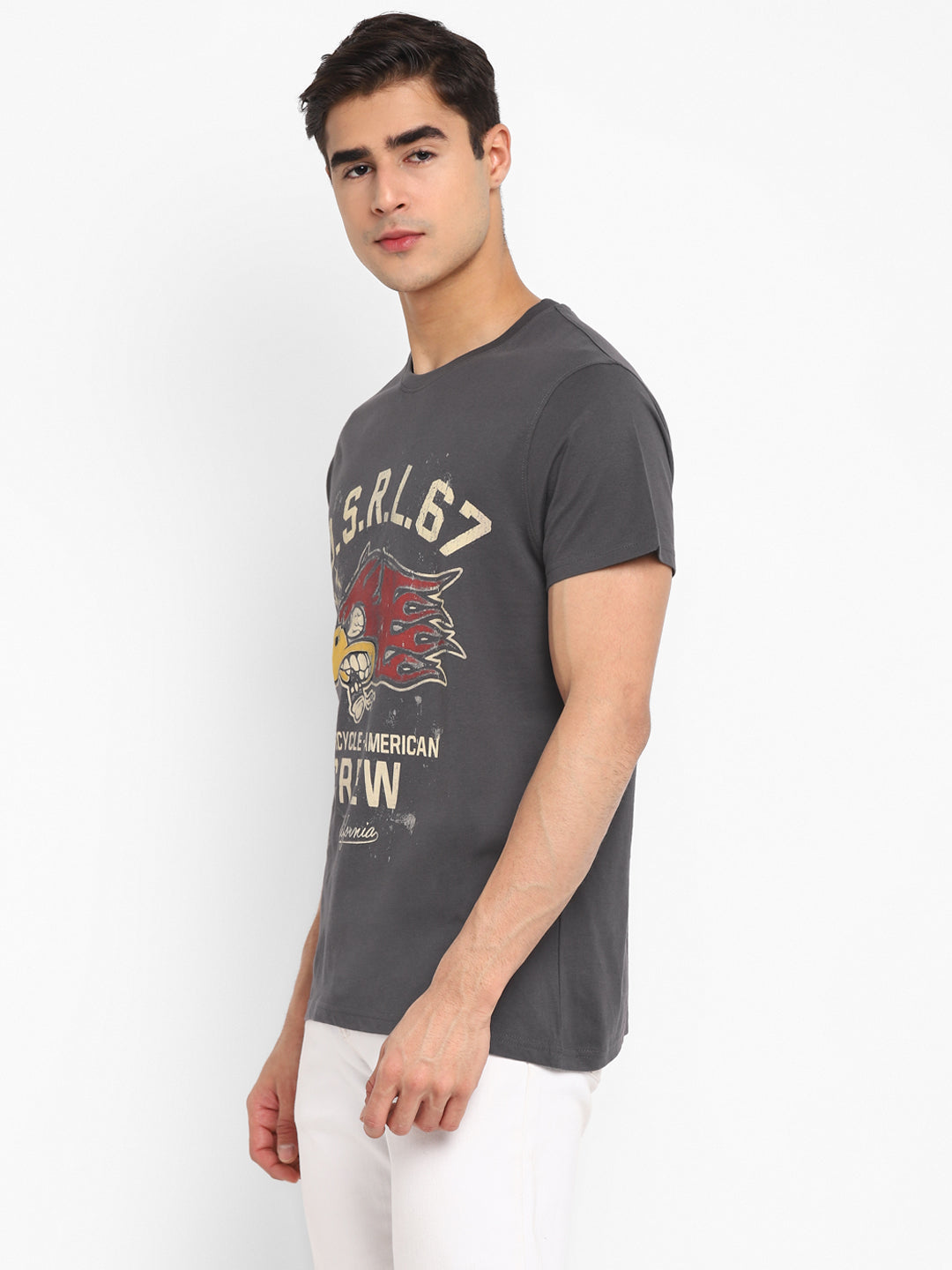 100% Cotton Printed Round Neck T-Shirt for Men - Gargoyle Grey