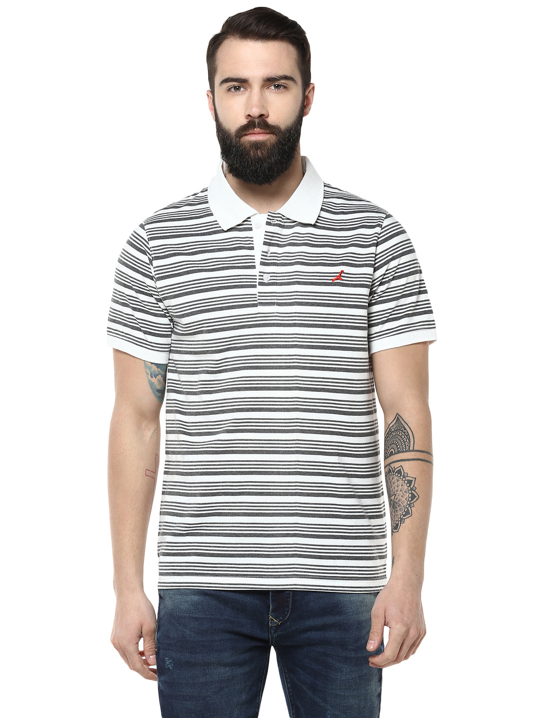 Men's Polo Collar Yarn Dyed Striped T-Shirt - Off White & Charcoal Melange