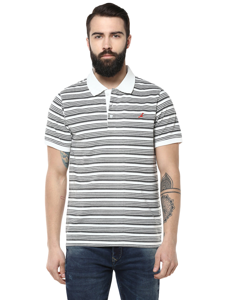 Men's Polo Collar Yarn Dyed Striped T-Shirt - Off White & Charcoal Melange