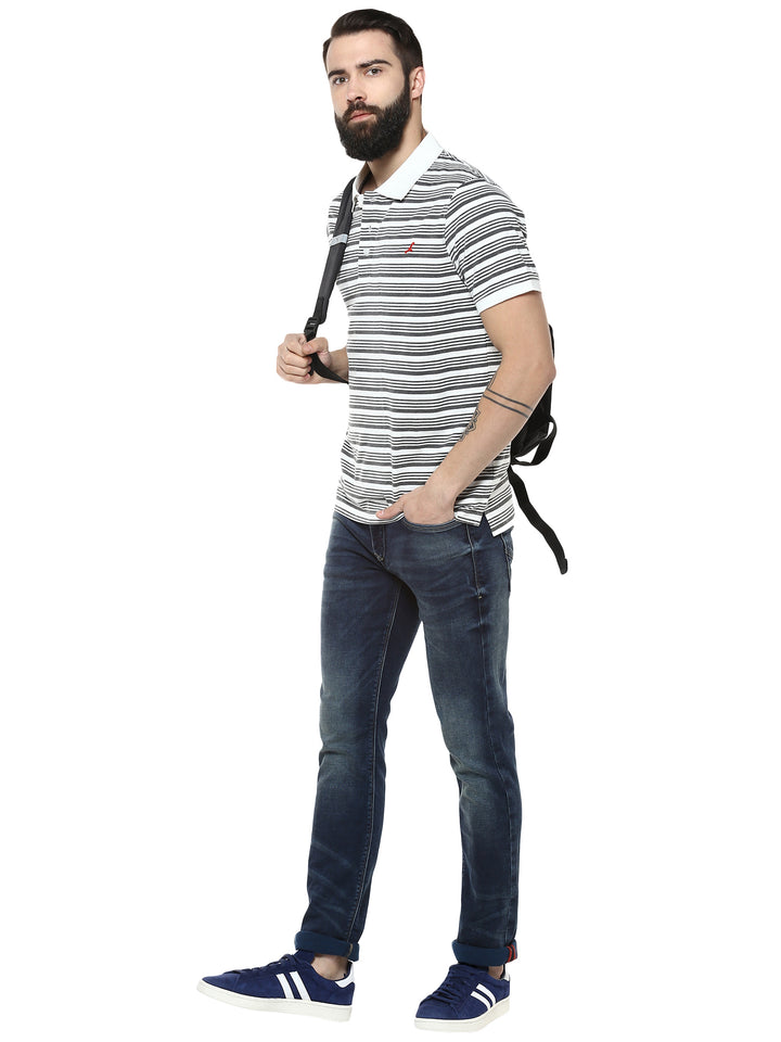 Men's Polo Collar Yarn Dyed Striped T-Shirt - Off White & Charcoal Melange