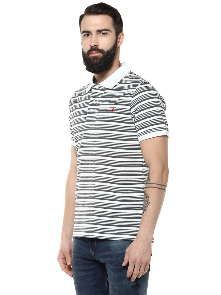 Men's Polo Collar Yarn Dyed Striped T-Shirt - Off White & Charcoal Melange
