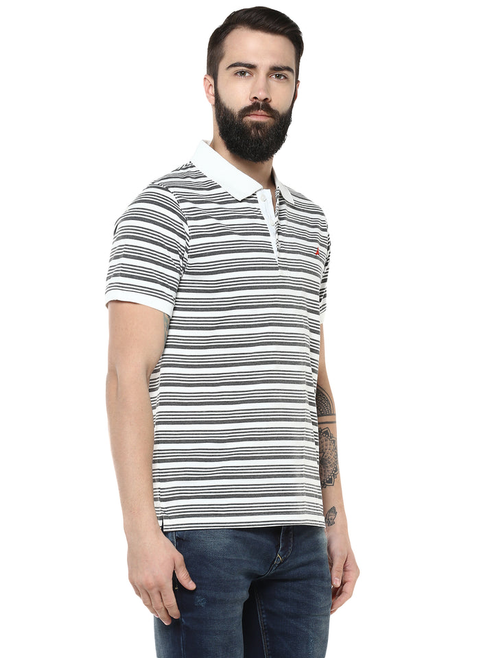 Men's Polo Collar Yarn Dyed Striped T-Shirt - Off White & Charcoal Melange