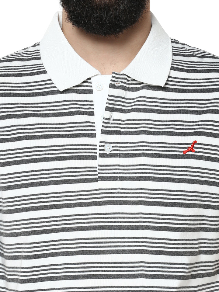 Men's Polo Collar Yarn Dyed Striped T-Shirt - Off White & Charcoal Melange