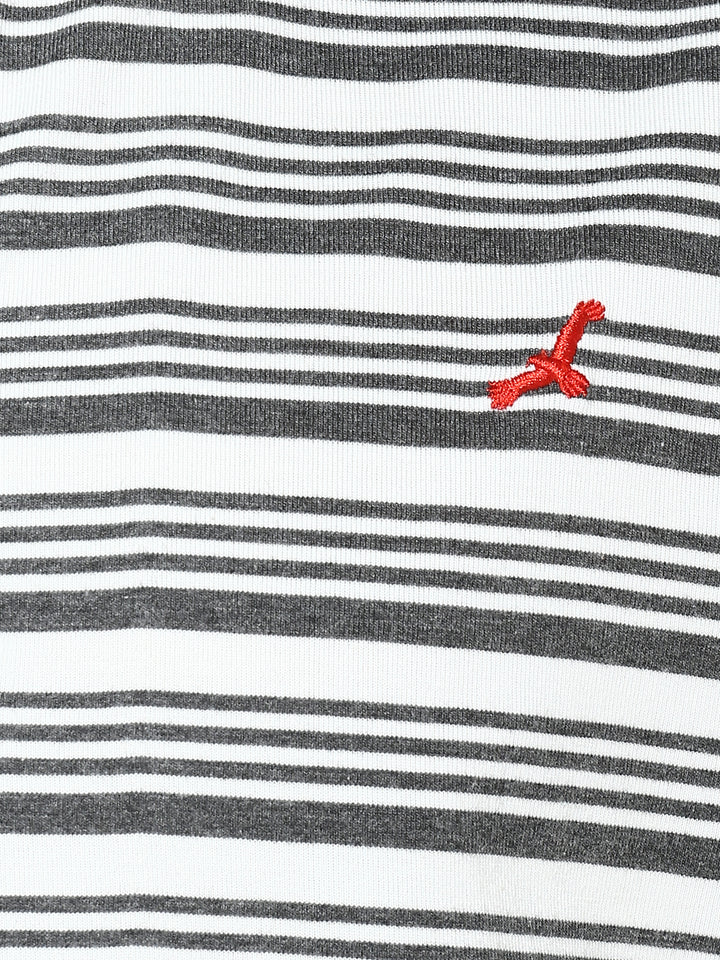 Men's Polo Collar Yarn Dyed Striped T-Shirt - Off White & Charcoal Melange