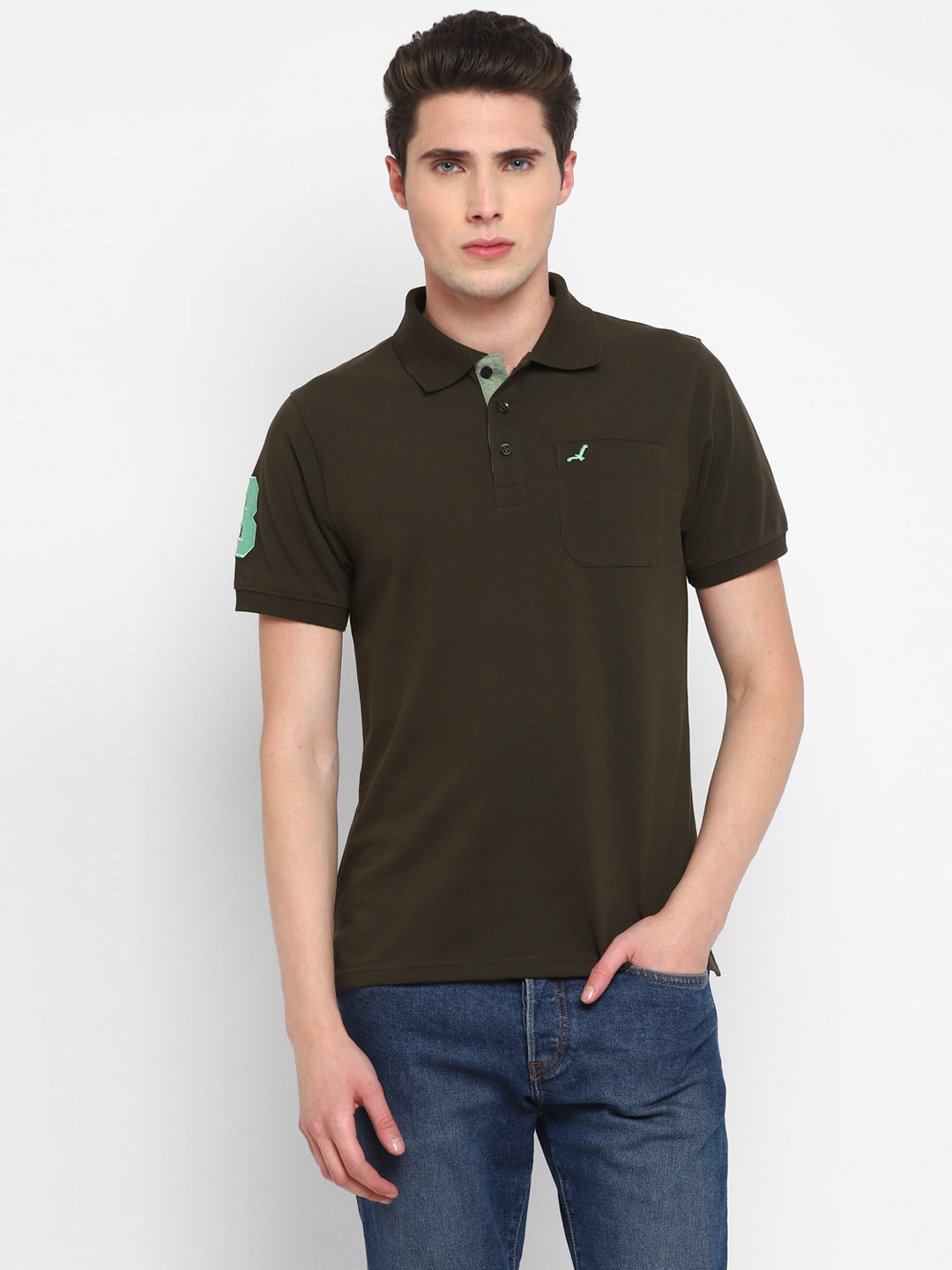 Polo T-Shirt For Men with Pocket with No.3 Applique - Olive