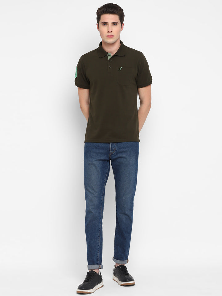 Polo T-Shirt For Men with Pocket with No.3 Applique - Olive